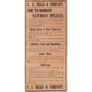 C.S. Hills & Company Clothing Hartford 1901 Newspaper Ad AD8-H1